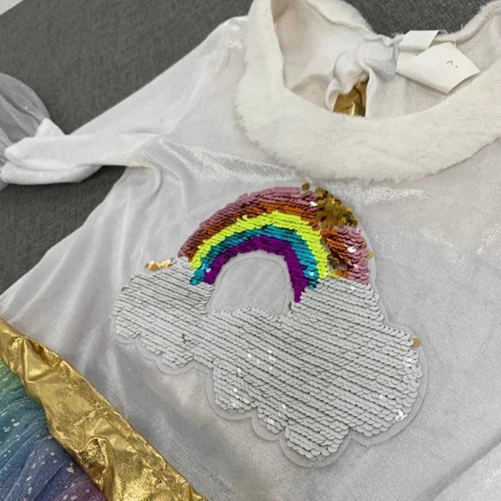 Girls Rainbow Unicorn‎ Costume Dress Beautiful Sparkle Sequin Angel Wings Large